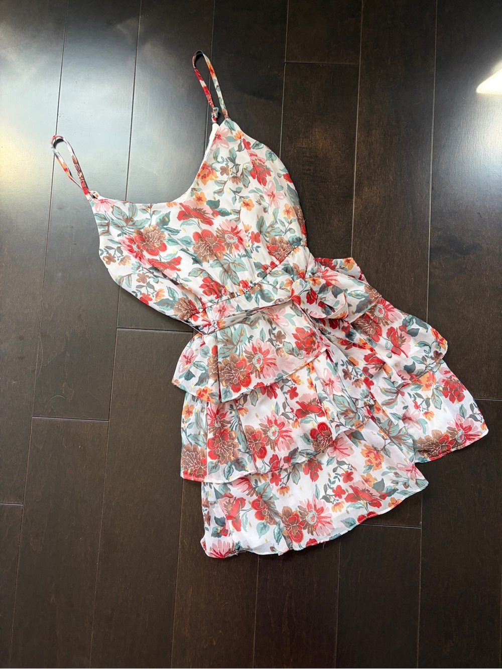 Floral Tiered Mini Dress in White with Coral and Green Accents